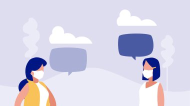 Tıbbi maskeli kadınlar, koronavirüs önlemleri, sosyal mesafeler.