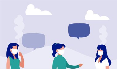 Tıbbi maskeli kadınlar, koronavirüs önlemleri, sosyal mesafeler.