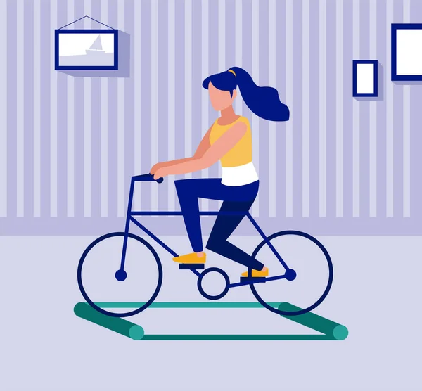 Kobieta na rowerze na rolkach treningowych, dystans społeczny — Wektor stockowy