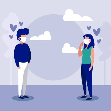 Tıbbi maskeli insanlar, koronavirüs önlemleri, sosyal mesafeler.