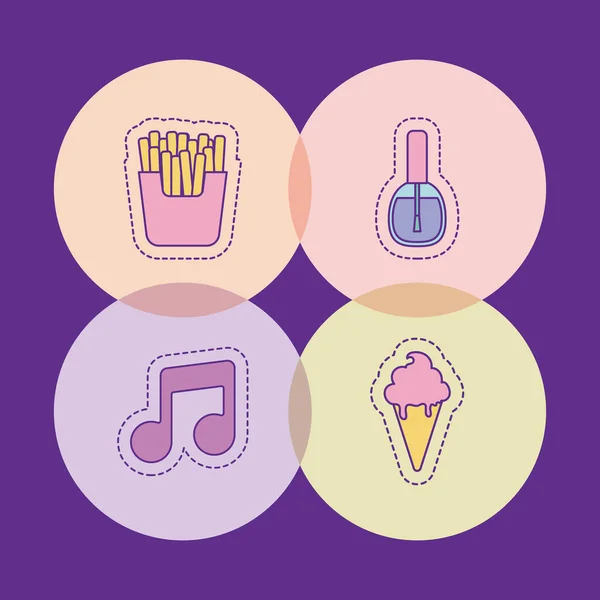 Papas fritas música nota esmalte de uñas y helados vector de diseño — Vector de stock