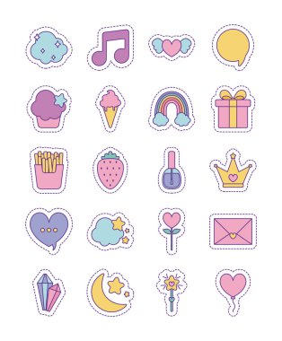 Şirin yamalar çizgisi ve biçim simgesi set vektör tasarımı