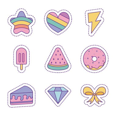 Şirin yamalar çizgisi ve biçim simgesi set vektör tasarımı