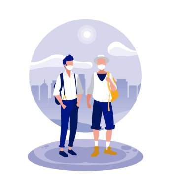 Şehir binalarının önündeki park yerinde maskeli adamlar vektör tasarımı yapıyor.