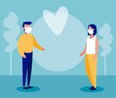 Tıbbi maskeli insanlar, koronavirüs önlemleri, sosyal mesafeler.