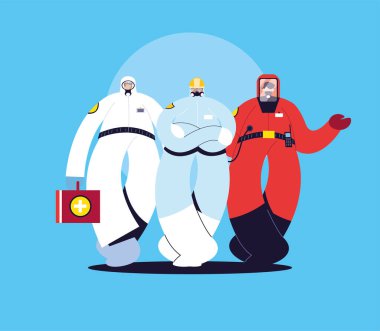 Koruyucu takım elbiseli adamlar, güvenlik elbiseleri