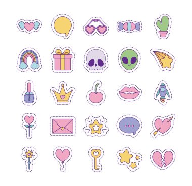 Şirin yamalar çizgisi ve biçim simgesi set vektör tasarımı