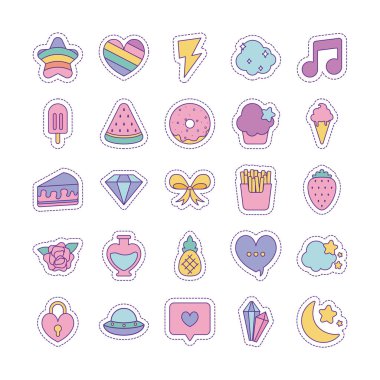 Şirin yamalar çizgisi ve biçim simgesi set vektör tasarımı