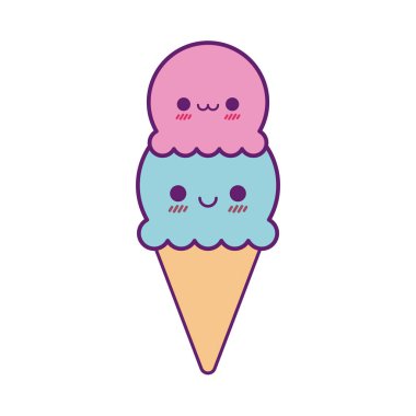 Kawaii dondurma külahı çizgi film hattı ve biçim ikon vektör tasarımı