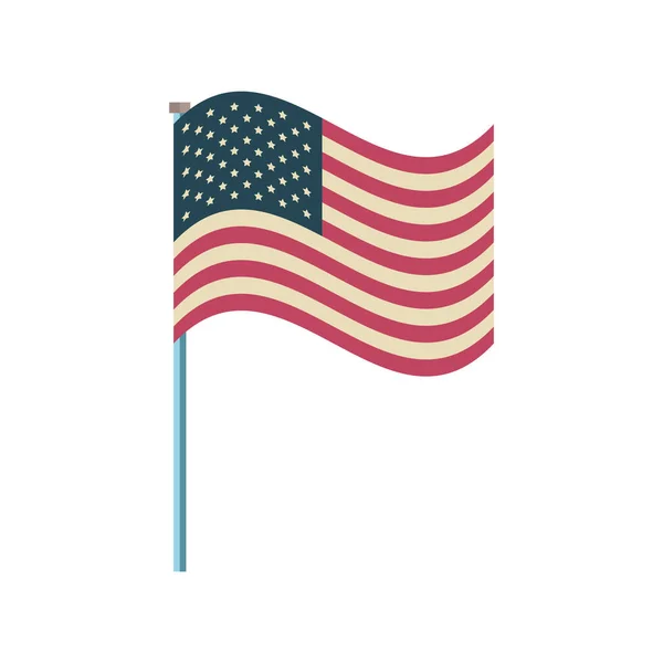 Bandeira dos Estados Unidos acenando em uma vara em fundo branco — Vetor de Stock