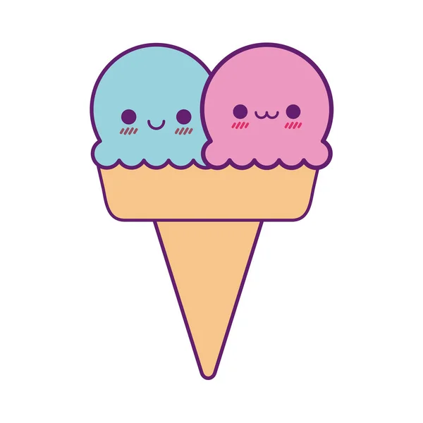Kawaii ice cream cone cartoon line and fill style icon vector design — Stock Vector
