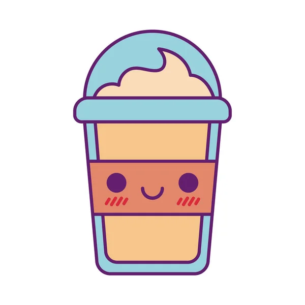 Kawaii taza de café línea de dibujos animados y relleno icono de diseño de vectores de estilo — Vector de stock