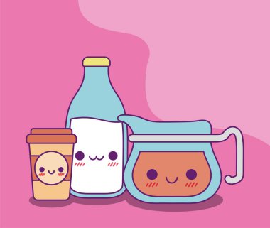 Kawaii çaydanlık sütü şişesi ve kahve kupası vektör tasarımı