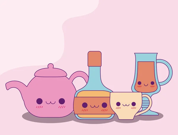 Taza de la botella de la tetera de Kawaii y diseño de vectores de taza — Vector de stock