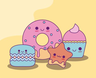 Kawaii çörek kurabiye yıldızı ve kek vektör tasarımı