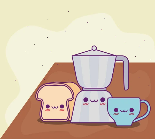 Kawaii chá chaleira pão e café caneca vetor design — Vetor de Stock