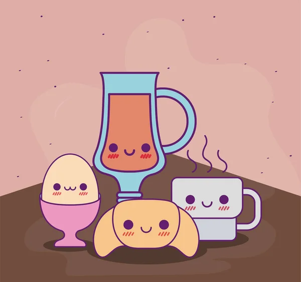 Kawaii jugo taza huevo pan y café taza vector diseño — Vector de stock