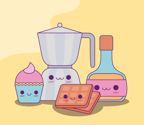 Kawaii café hervidor magdalena gofres y diseño de vectores de jarabe — Vector de stock