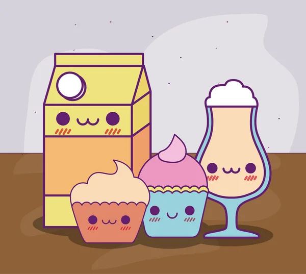 Kawaii caja de leche taza de café y cupcakes diseño de vectores — Vector de stock