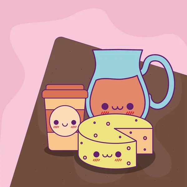 Kawaii χυμό βάζο κούπα καφέ και τυρί διανυσματικό σχεδιασμό — Διανυσματικό Αρχείο