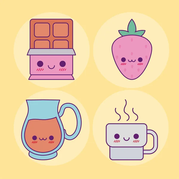 Kawaii巧克力草莓果汁罐和咖啡杯病媒设计 — 图库矢量图片