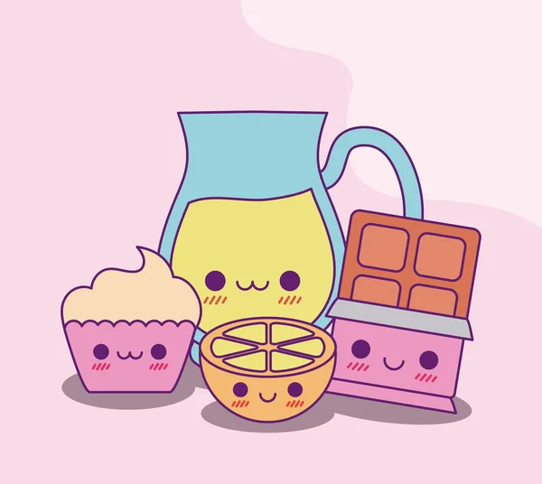 Kawaii jugo tarro limón cupcake y chocolate vector de diseño — Vector de stock