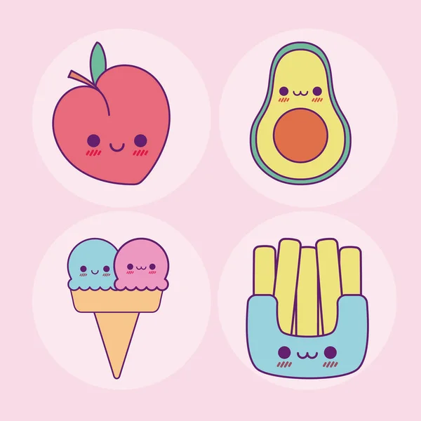 Kawaii桃鳄梨冰淇淋和薯条病媒设计 — 图库矢量图片