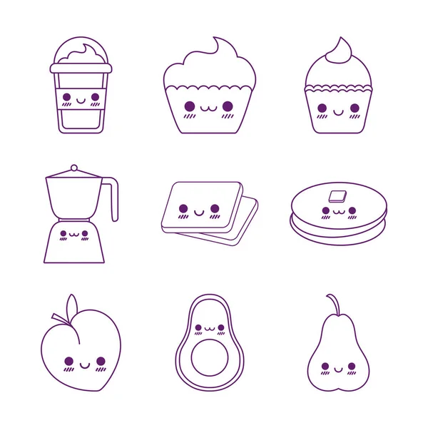Kawaii nourriture dessins animés style ligne icône set vectoriel design — Image vectorielle
