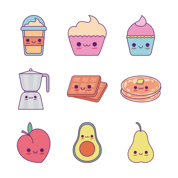 Kawaii línea de dibujos animados de alimentos y el estilo de relleno icono conjunto de diseño de vectores — Vector de stock