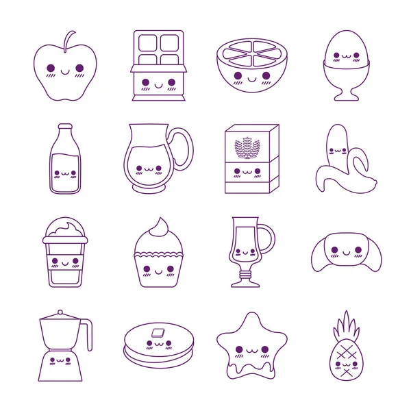 Kawaii food cartoons line style icon set vector design — 스톡 벡터