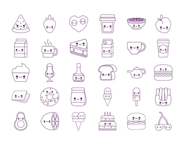 Kawaii alimentos dibujos animados línea estilo icono conjunto vector de diseño — Vector de stock
