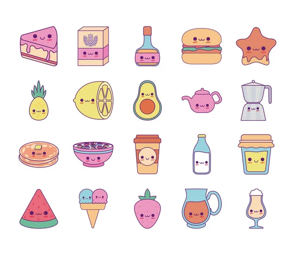 Linha de desenhos animados de comida Kawaii e design de vetor conjunto de ícones de estilo de preenchimento —  Vetores de Stock
