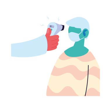 El ele tutuşan termometre silahı yaşlı adamın sıcaklık vektör tasarımını kontrol ediyor