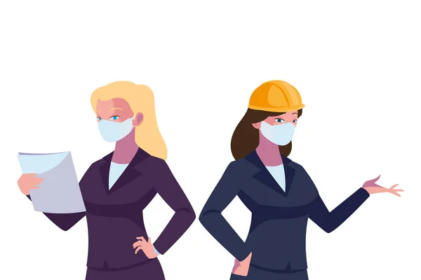 Trabajadoras industriales con máscaras faciales — Vector de stock