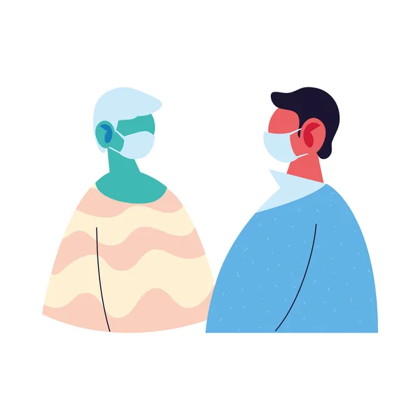 Hommes avatars dessins animés avec masques conception vectorielle — Image vectorielle
