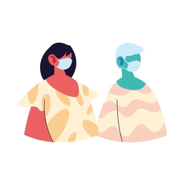 Homem e mulher avatar desenho animado com máscara e design de vetor pulôver — Vetor de Stock