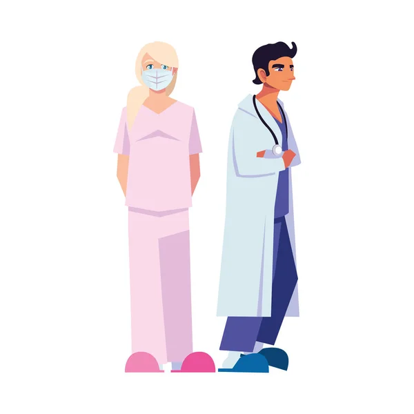 Man and woman doctor with uniforms and mask vector design — Stock Vector