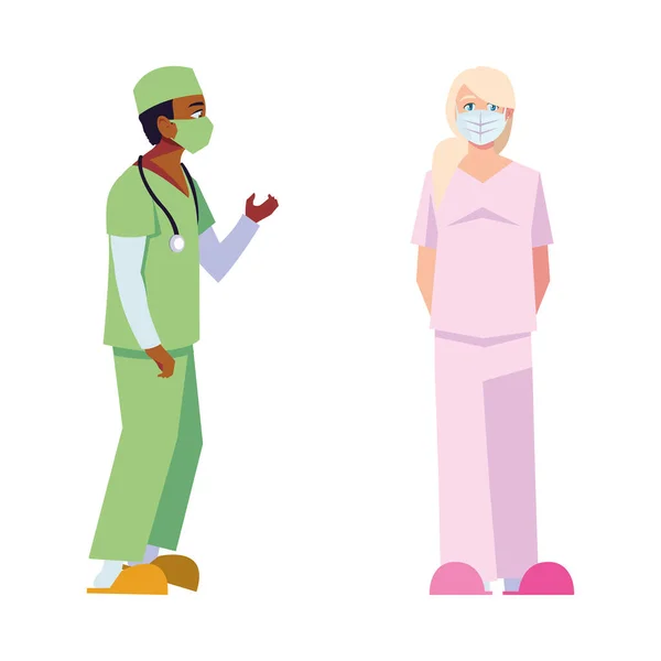 Uomo e donna medico con uniformi e maschere disegno vettoriale — Vettoriale Stock