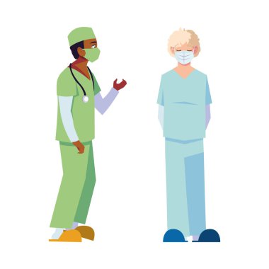 Üniformalı ve maskeli erkek doktorlar vektör tasarımı