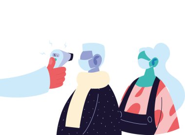 Elde tutulan termometre silahı yaşlı adam ve kadının sıcaklık vektör tasarımını kontrol ediyor