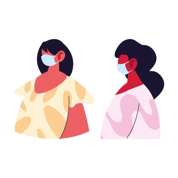Avatars femmes dessins animés avec masques et pullovers design vectoriel — Image vectorielle