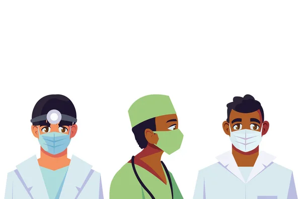 Hombres médicos con uniformes y máscaras de diseño vectorial — Vector de stock