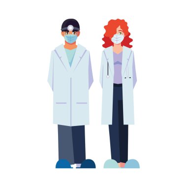 Üniformalı ve maskeli kadın ve erkek doktor vektör tasarımlı.