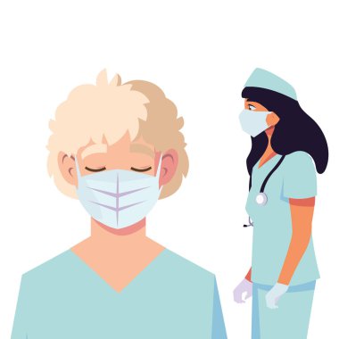 Üniformalı ve maskeli kadın ve erkek doktor vektör tasarımlı.