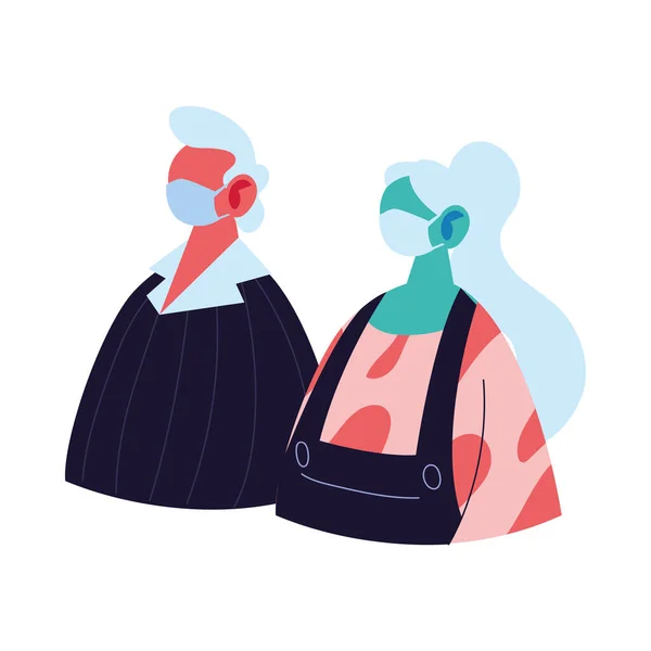 Homem velho e mulher avatar desenho animado com design de vetor máscara — Vetor de Stock