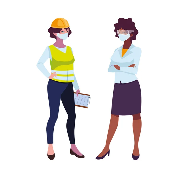 Industrial women workers with face masks — Stock Vector