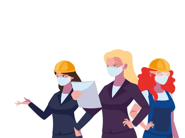 Mulheres trabalhadoras industriais que trabalham com máscaras faciais — Vetor de Stock