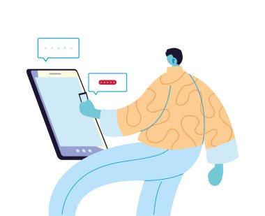 Akıllı telefon ve kabarcık vektör tasarımlı erkek karikatürü