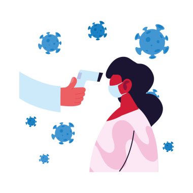 El ele tutuşan termometre silahı kadın sıcaklığı vektör tasarımını kontrol ediyor