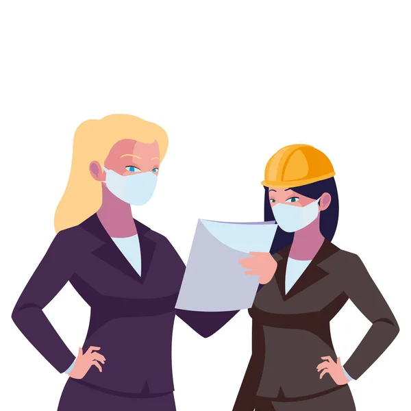 Mulheres trabalhadoras industriais com máscaras faciais — Vetor de Stock